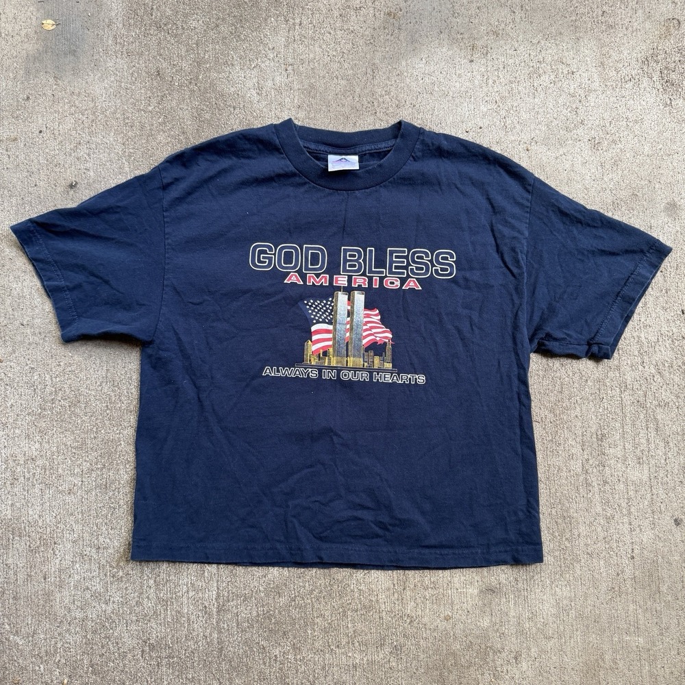 Vintage 9/11 Twin Towers Shirt Memorial Boxy Navy Blue Large y2k WTC NYC